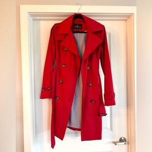 London Fog small red belted double breasted and hooded trench coat